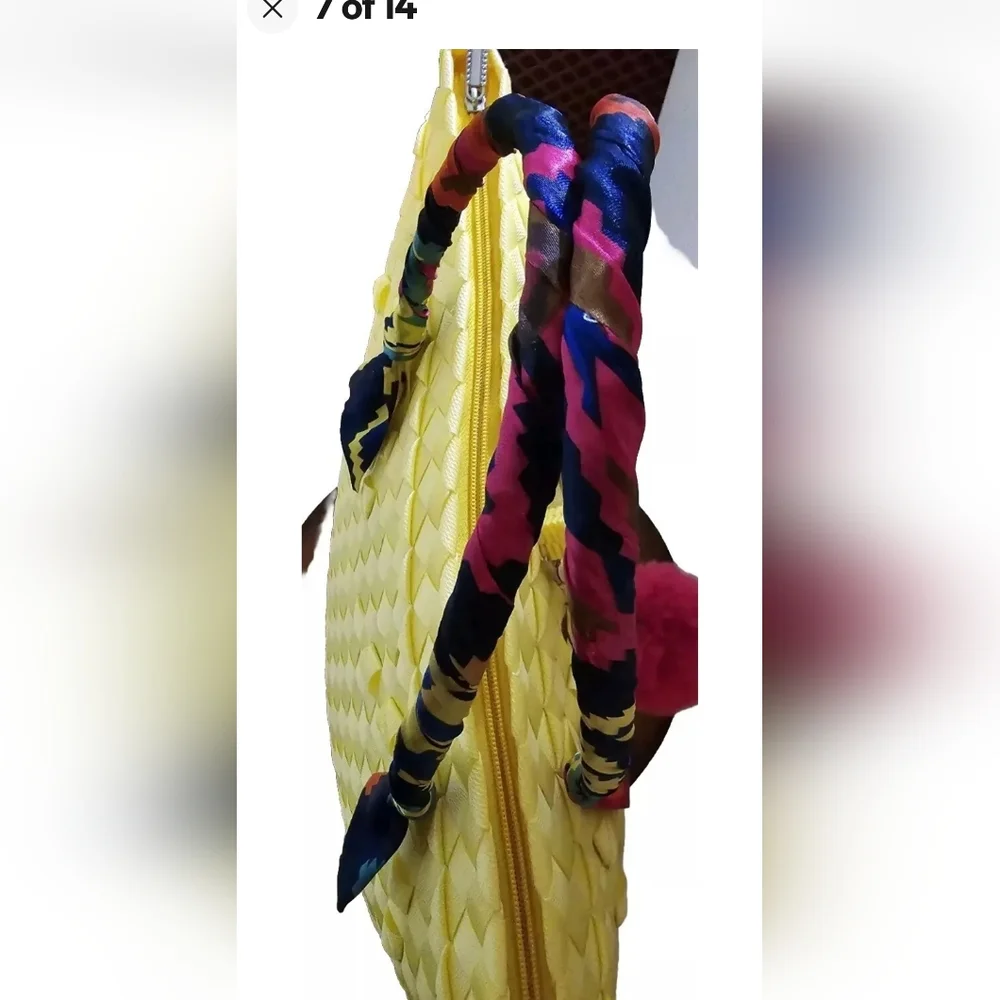 Gingham Basket Weave Handcrafted, Handpainted  Silk-Wrapped Handle Tote Bag NWOT - Picture 7 of 14